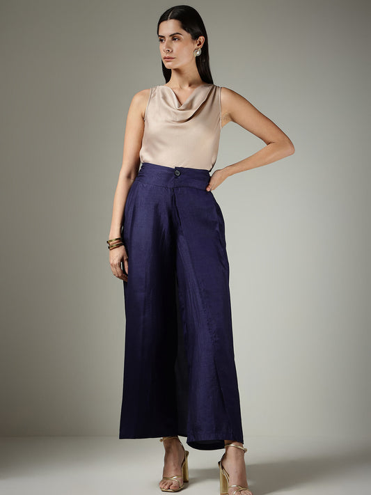Silk Wide-Leg Trousers - Navy Blue