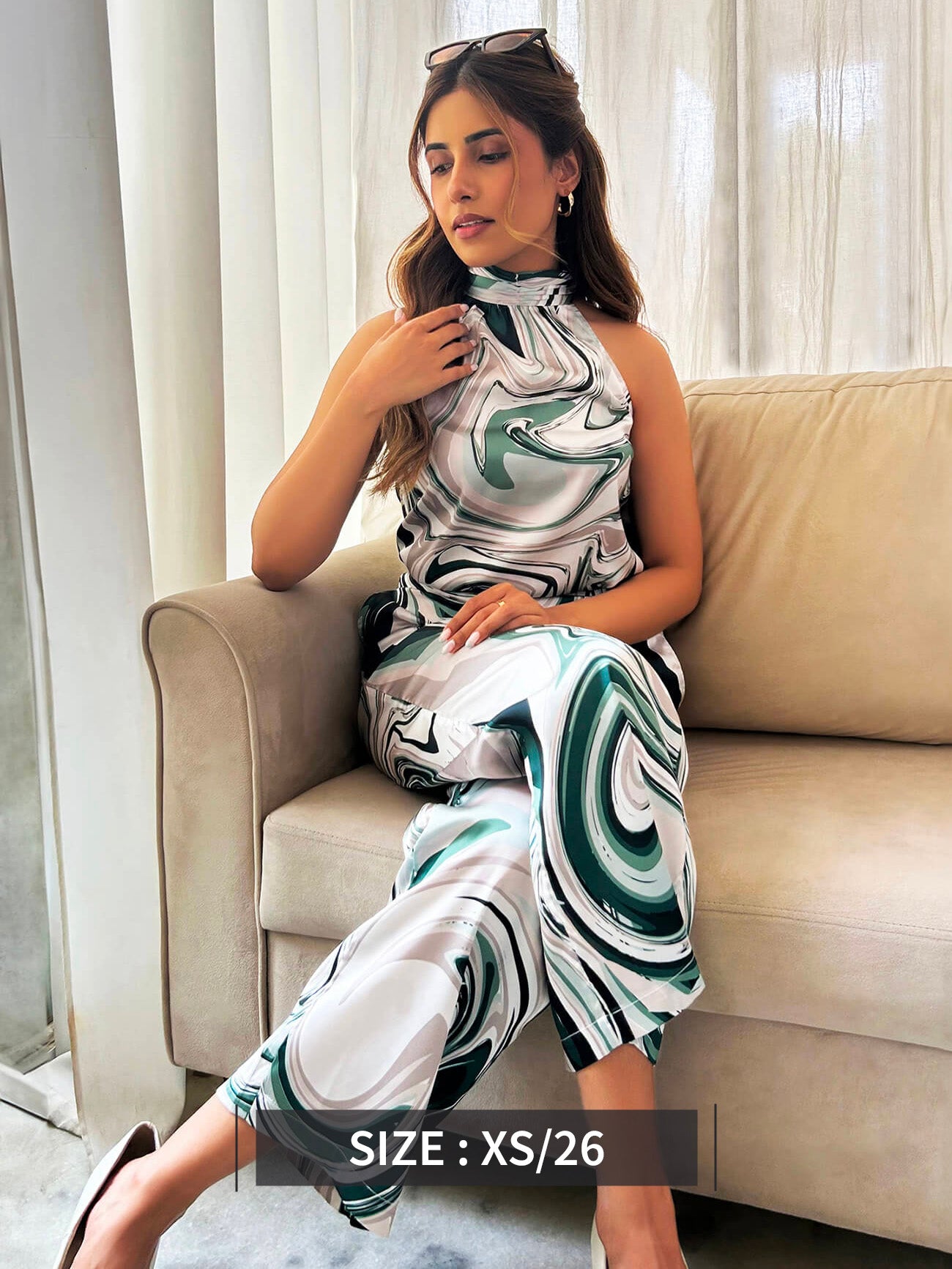 Marble Print Top And Trouser Coord - Green And Grey