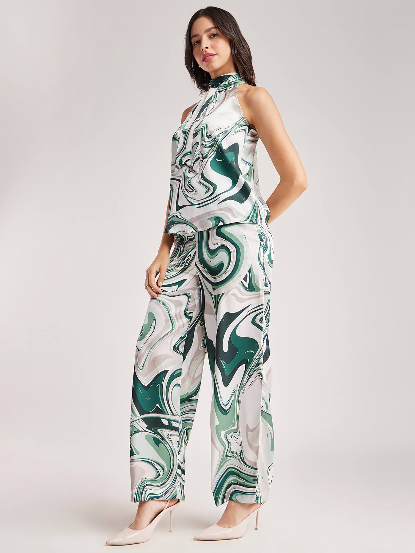 Marble Print Top And Trouser Coord - Green And Grey