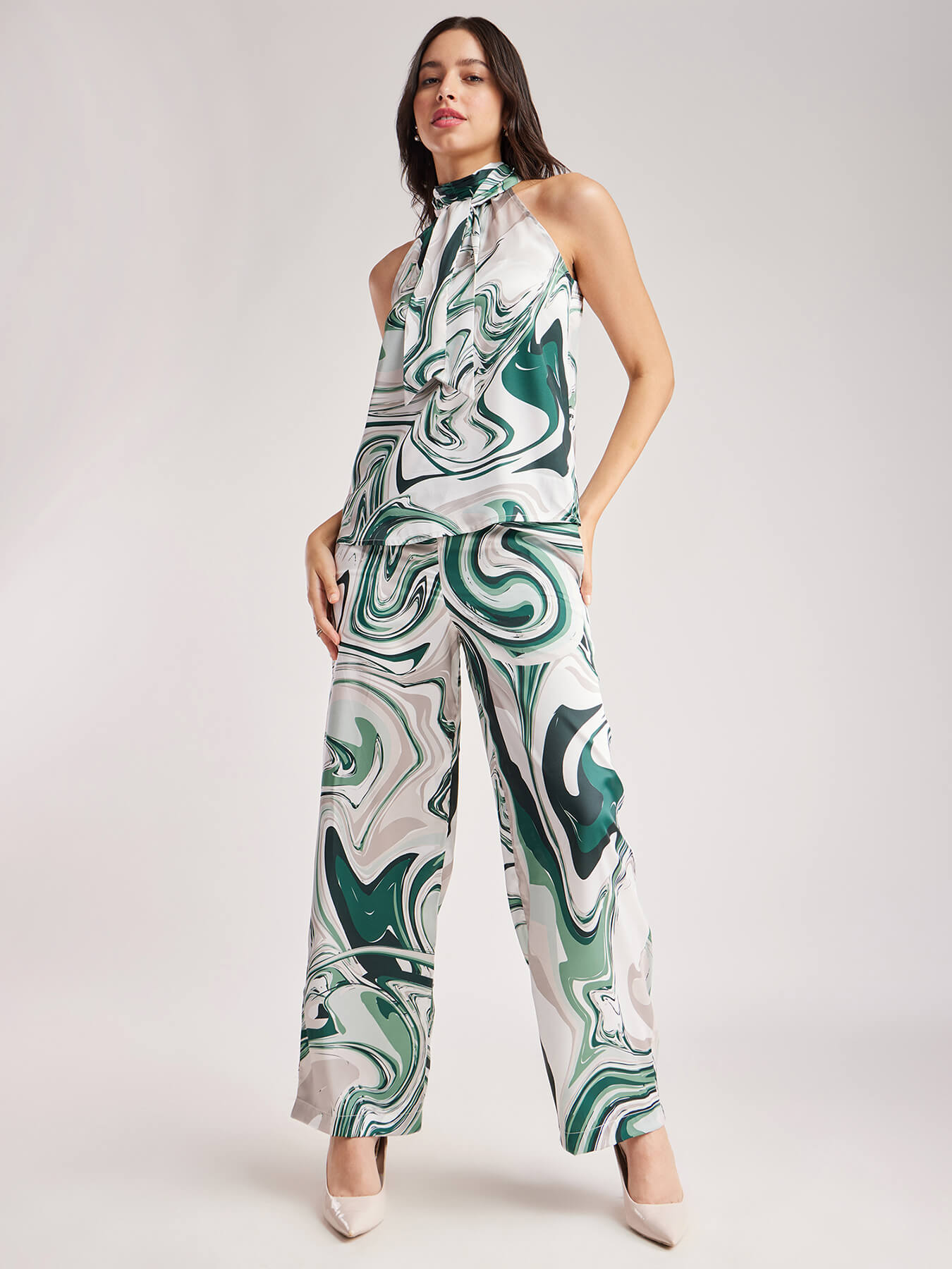 Marble Print Top And Trouser Coord - Green And Grey
