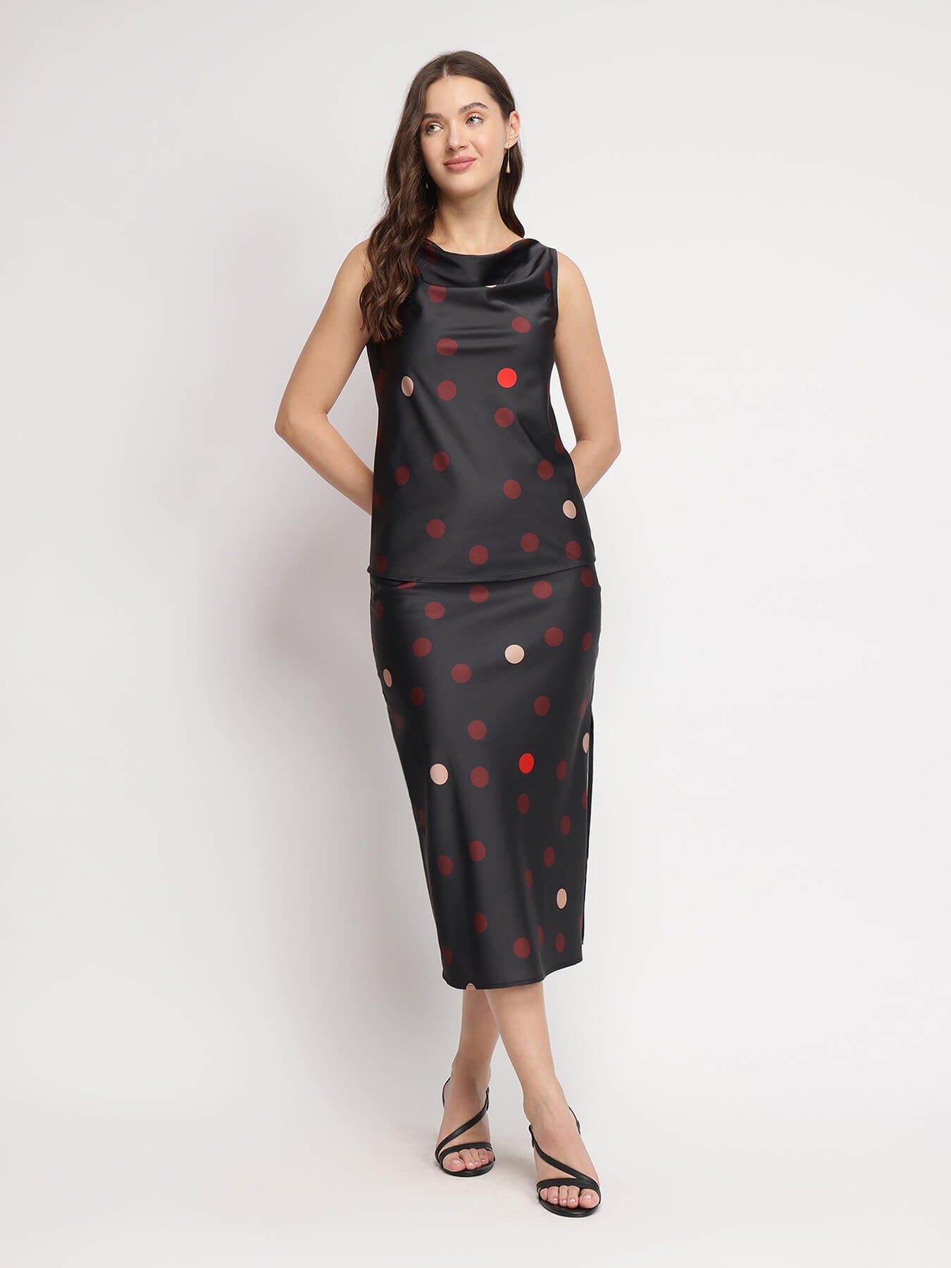 Stretchable Satin Polka Co-ord - Black