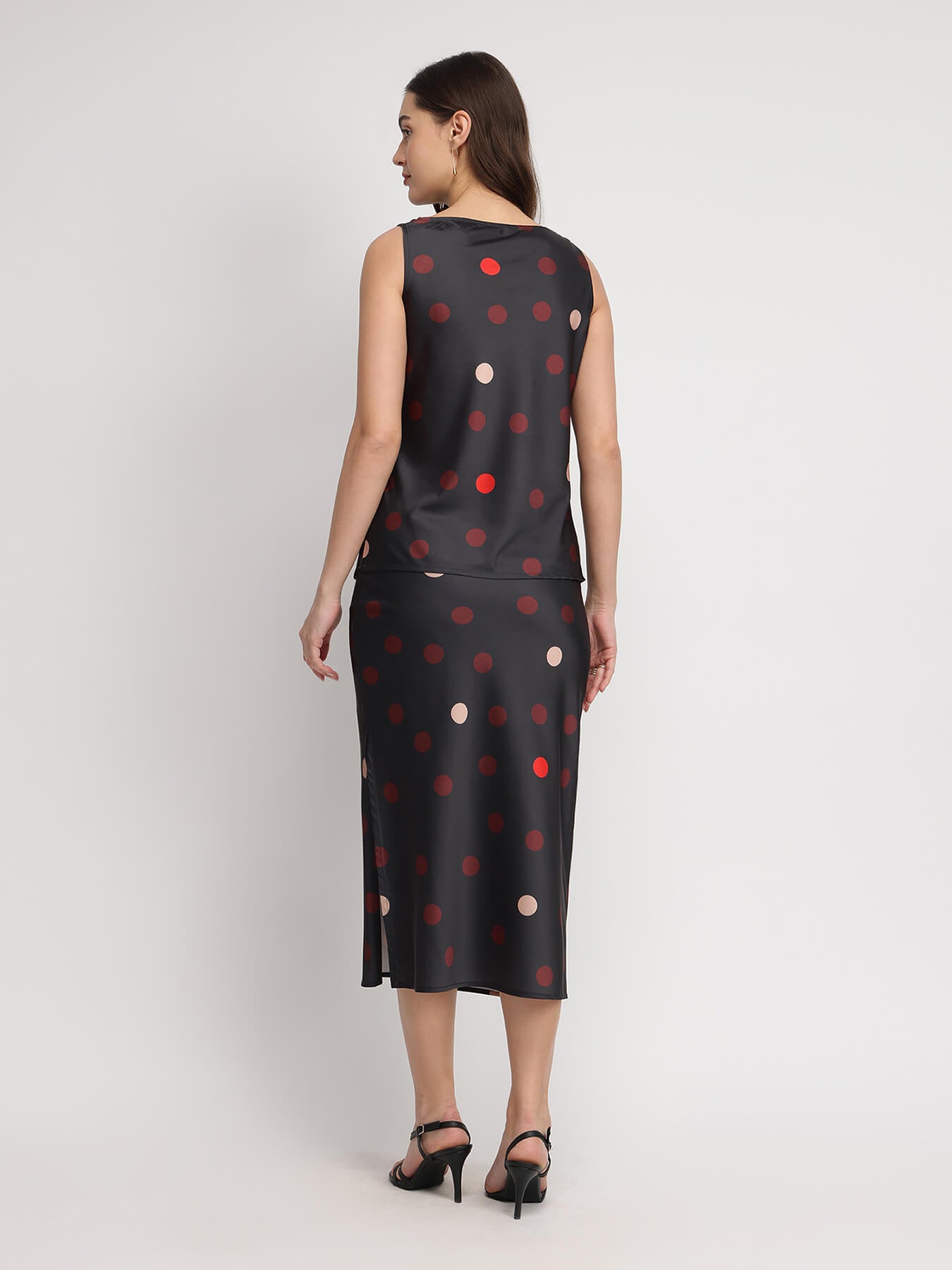 Stretchable Satin Polka Co-ord - Black