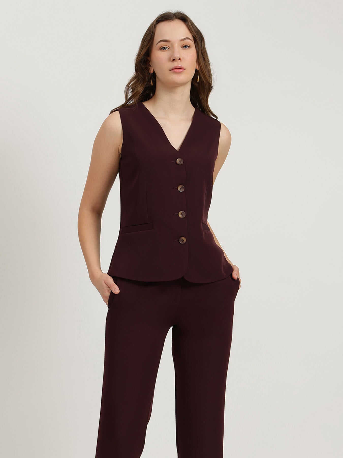 Waistcoat and Straight Fit Trousers Co-ord - Wine