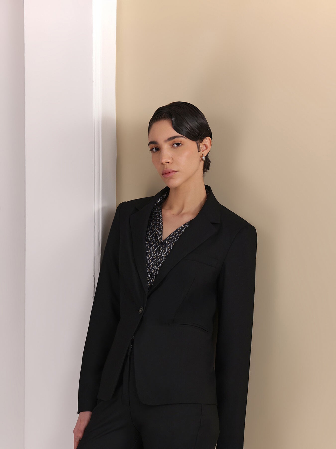 Single Breasted Blazer and Flared Trousers Coord - Black