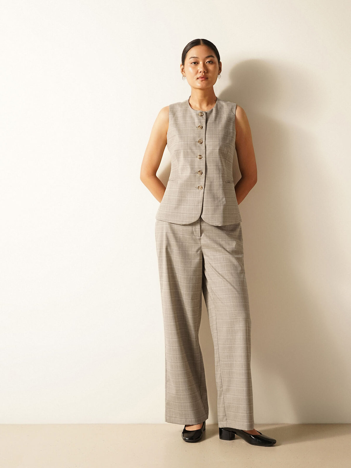Checkered Waistcoat And Trousers Coord- Grey