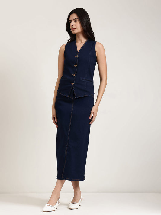 Denim Waistcoat & Skirt Co-ord Set - Navy Blue