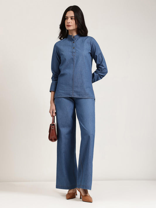 Denim Trousers Co-ord Set - Blue
