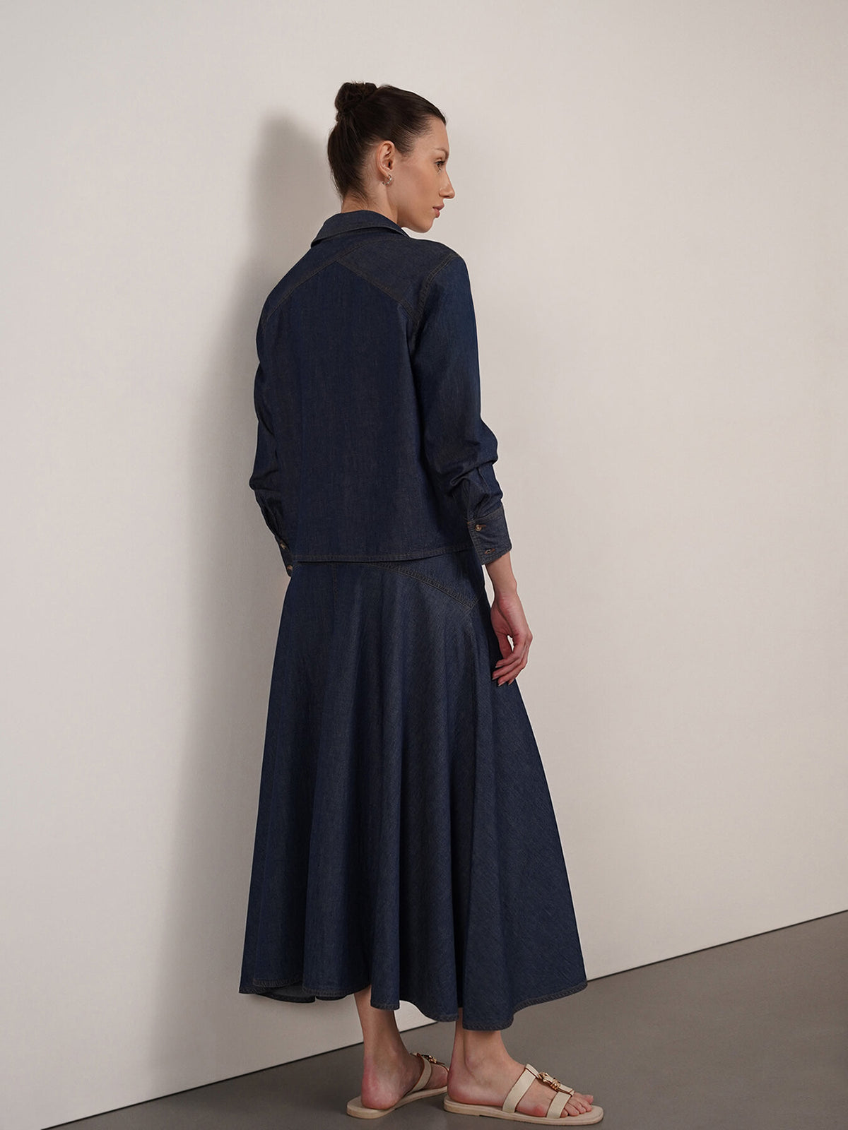 Denim Shirt And Skirt Coord - Navy Blue