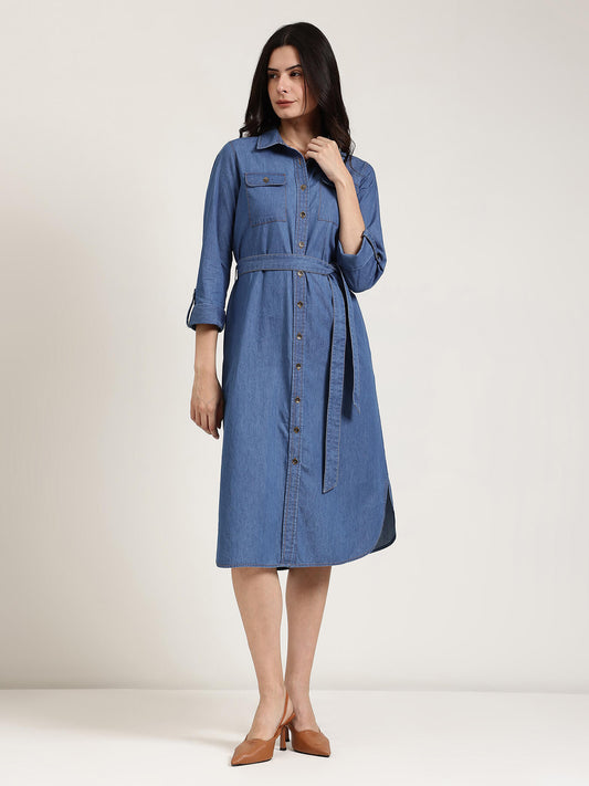 Denim Shirt Dress - Blue