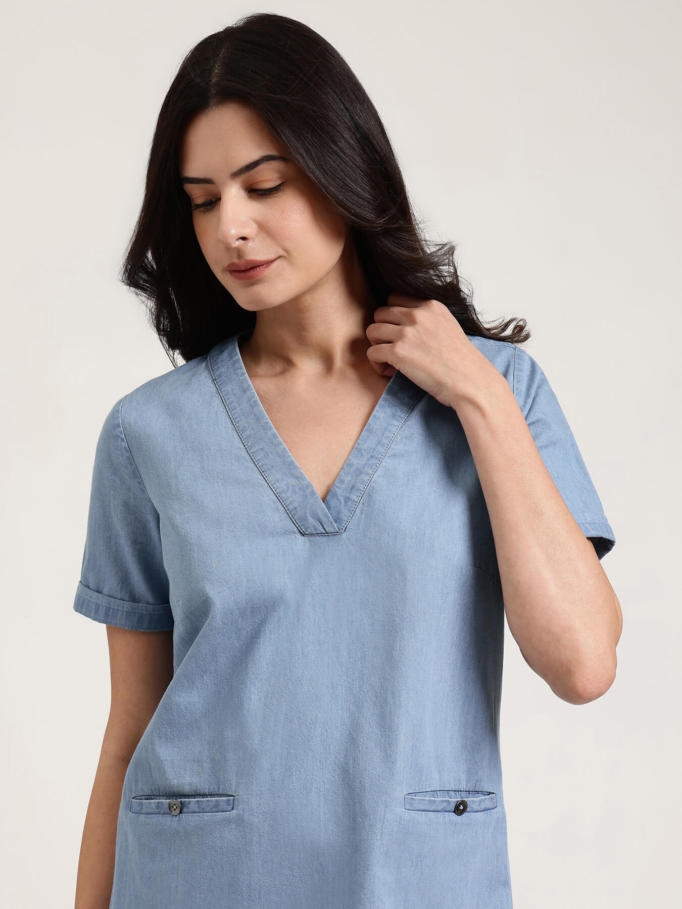 Denim V-Neck Dress - Light Blue
