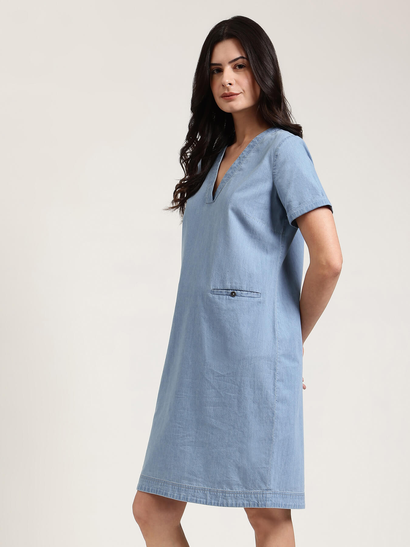 Denim V-Neck Dress - Light Blue