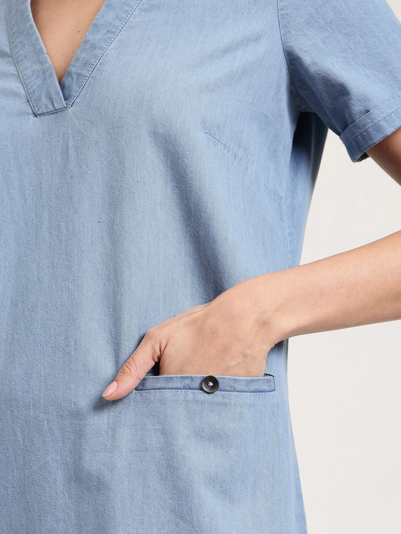 Denim V-Neck Dress - Light Blue