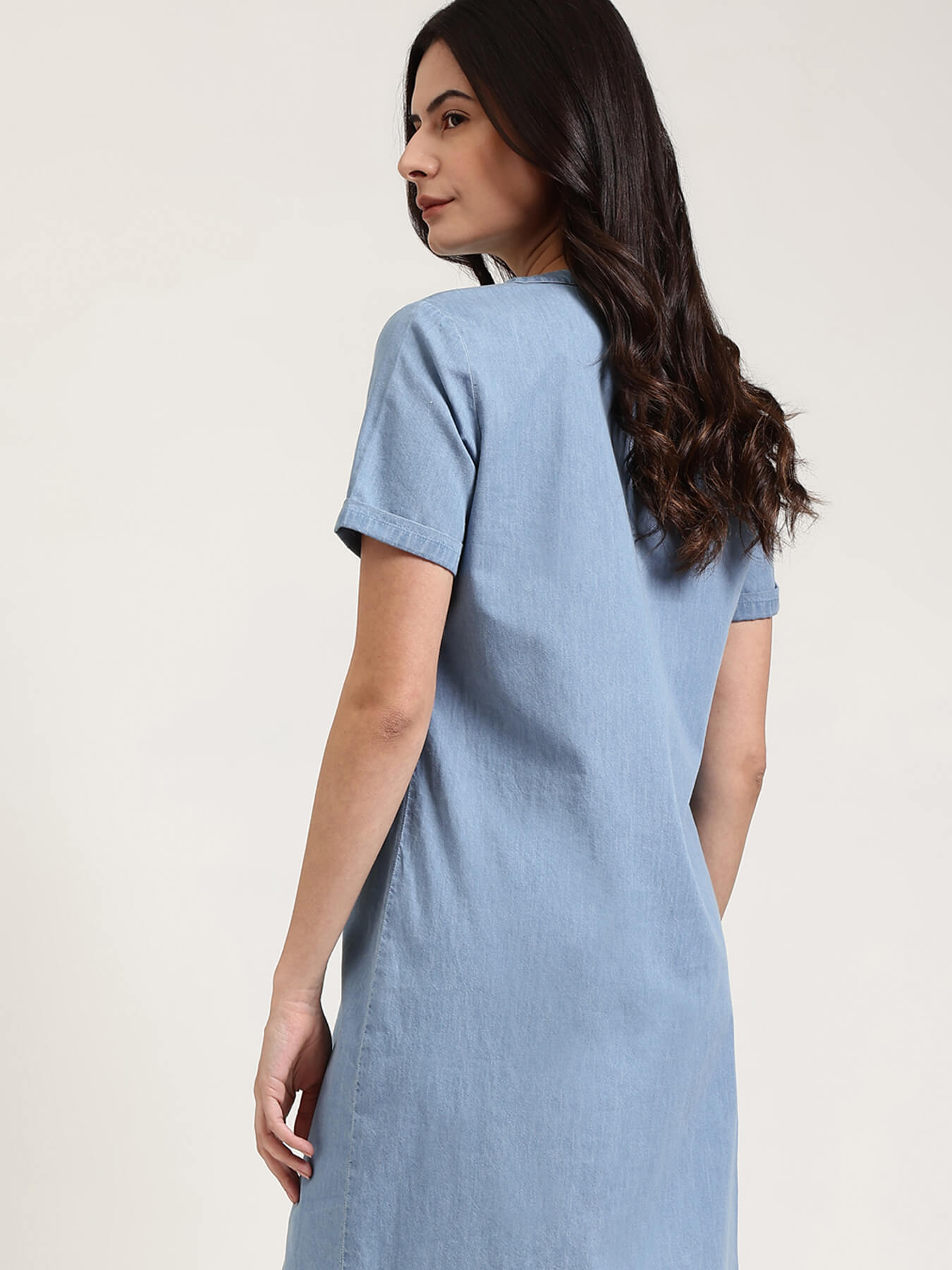 Denim V-Neck Dress - Light Blue