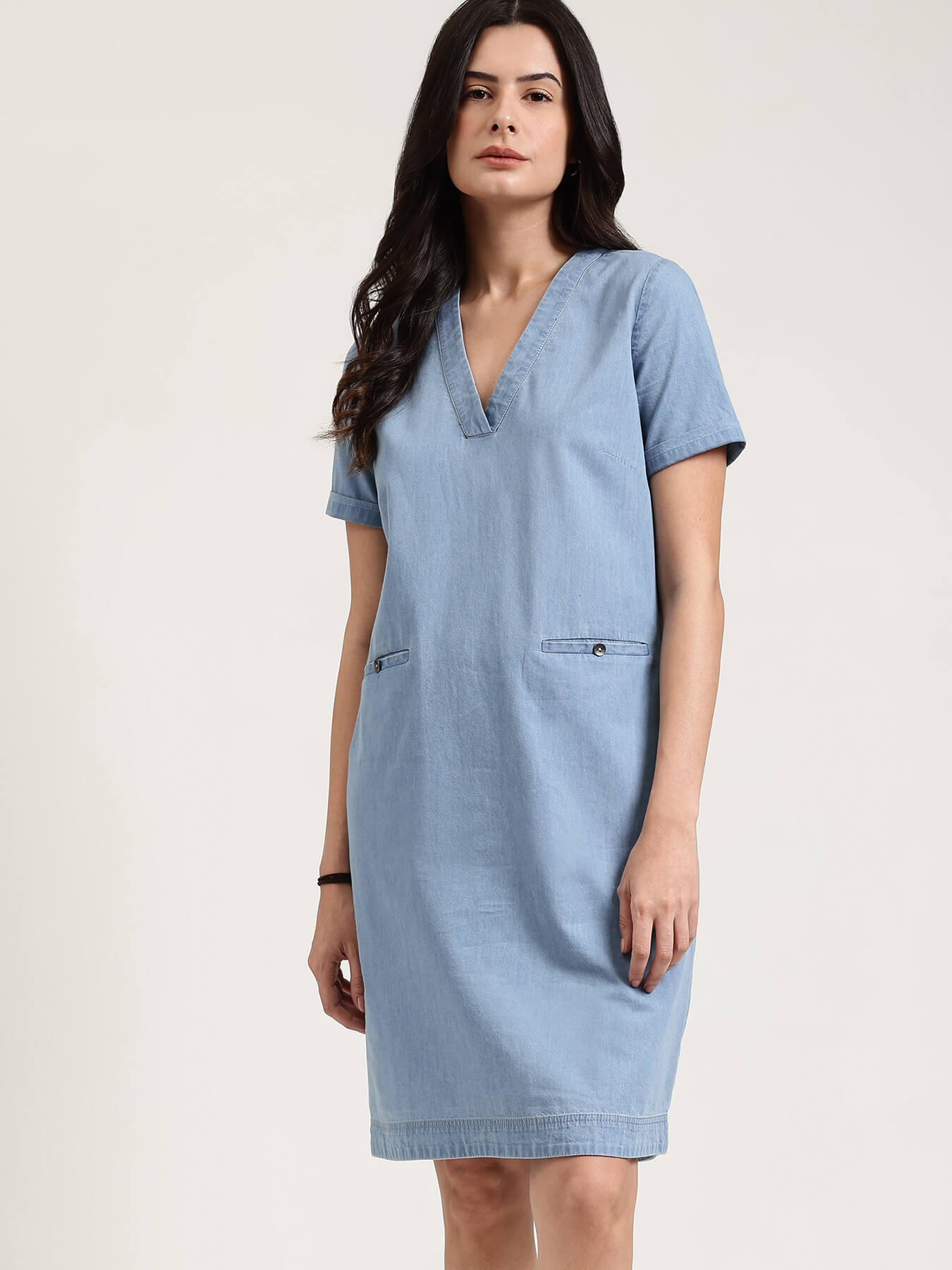 Denim V-Neck Dress - Light Blue