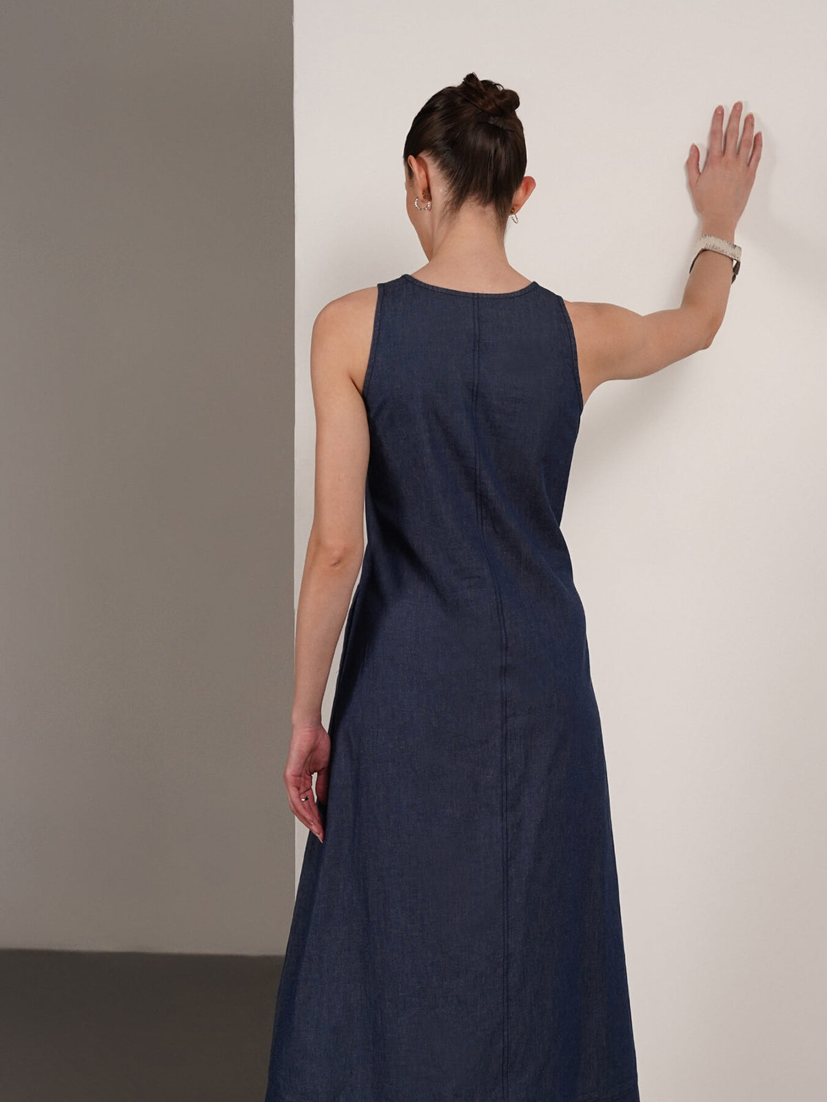 Denim V-Neck Dress - Navy Blue
