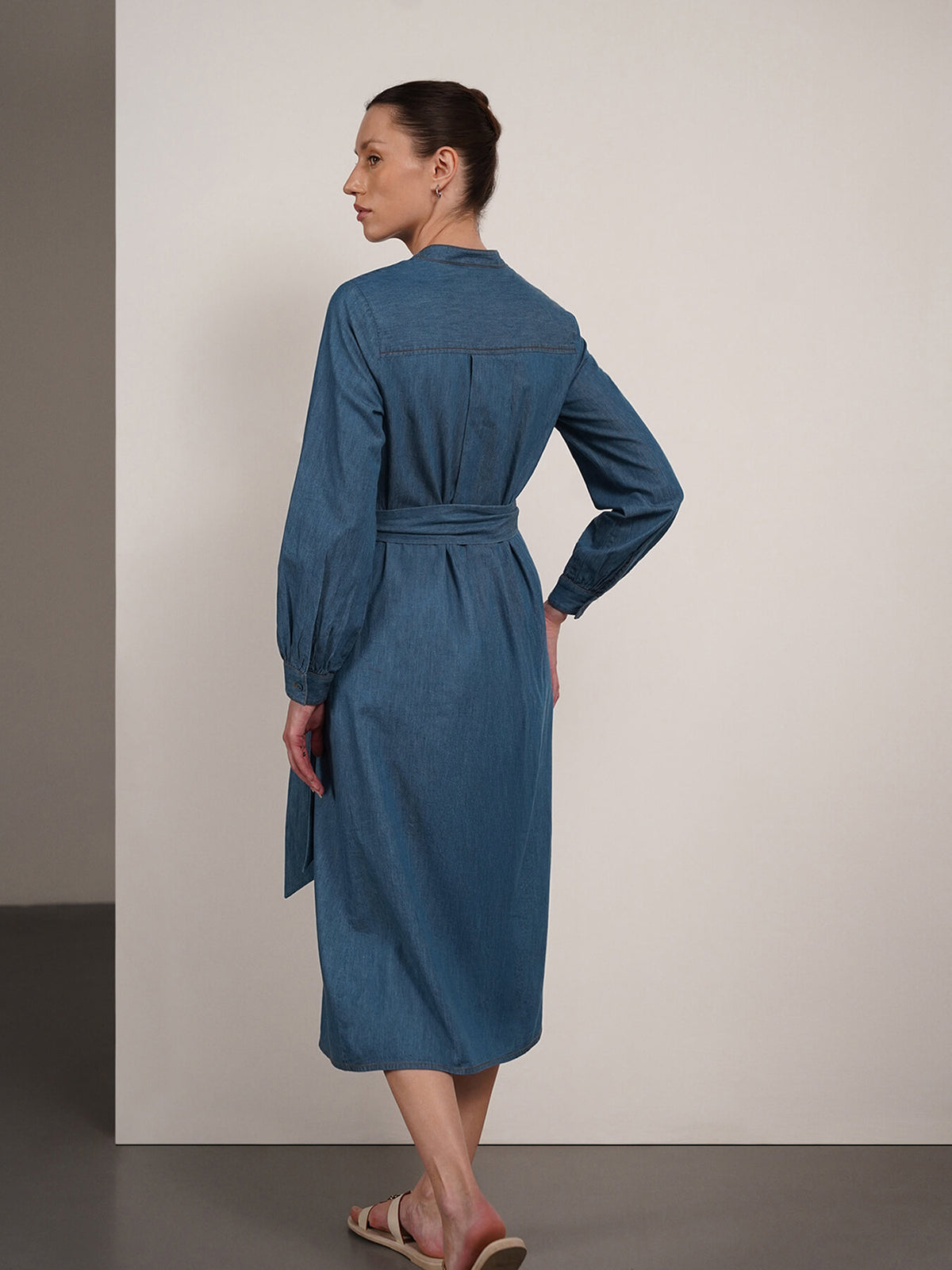 Denim Mandarin Collar Shirt Dress - Blue