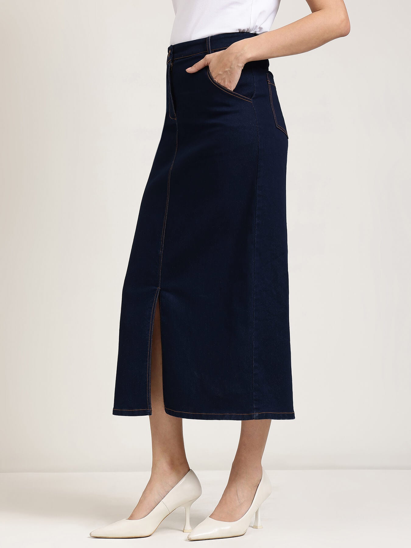 Denim Front Slit Skirt - Navy Blue