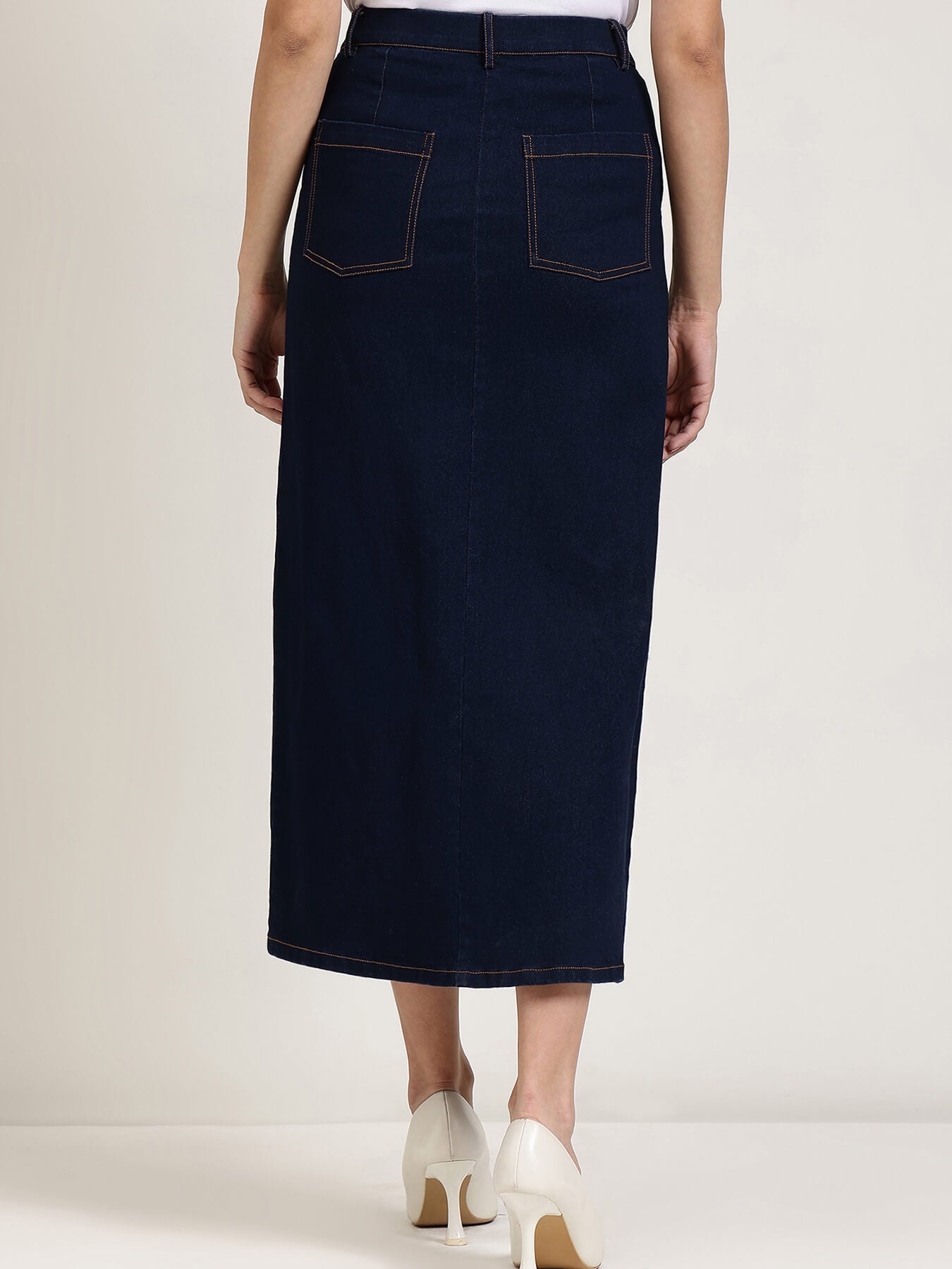 Denim Front Slit Skirt - Navy Blue