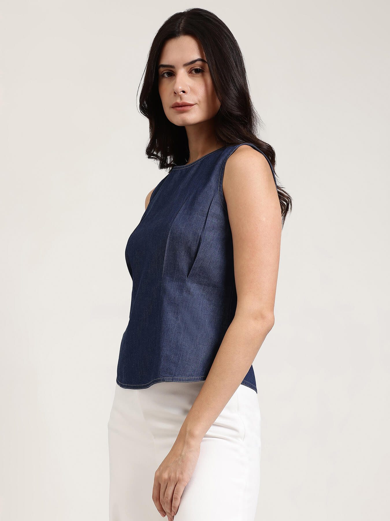 Denim Round Neck Top - Navy Blue