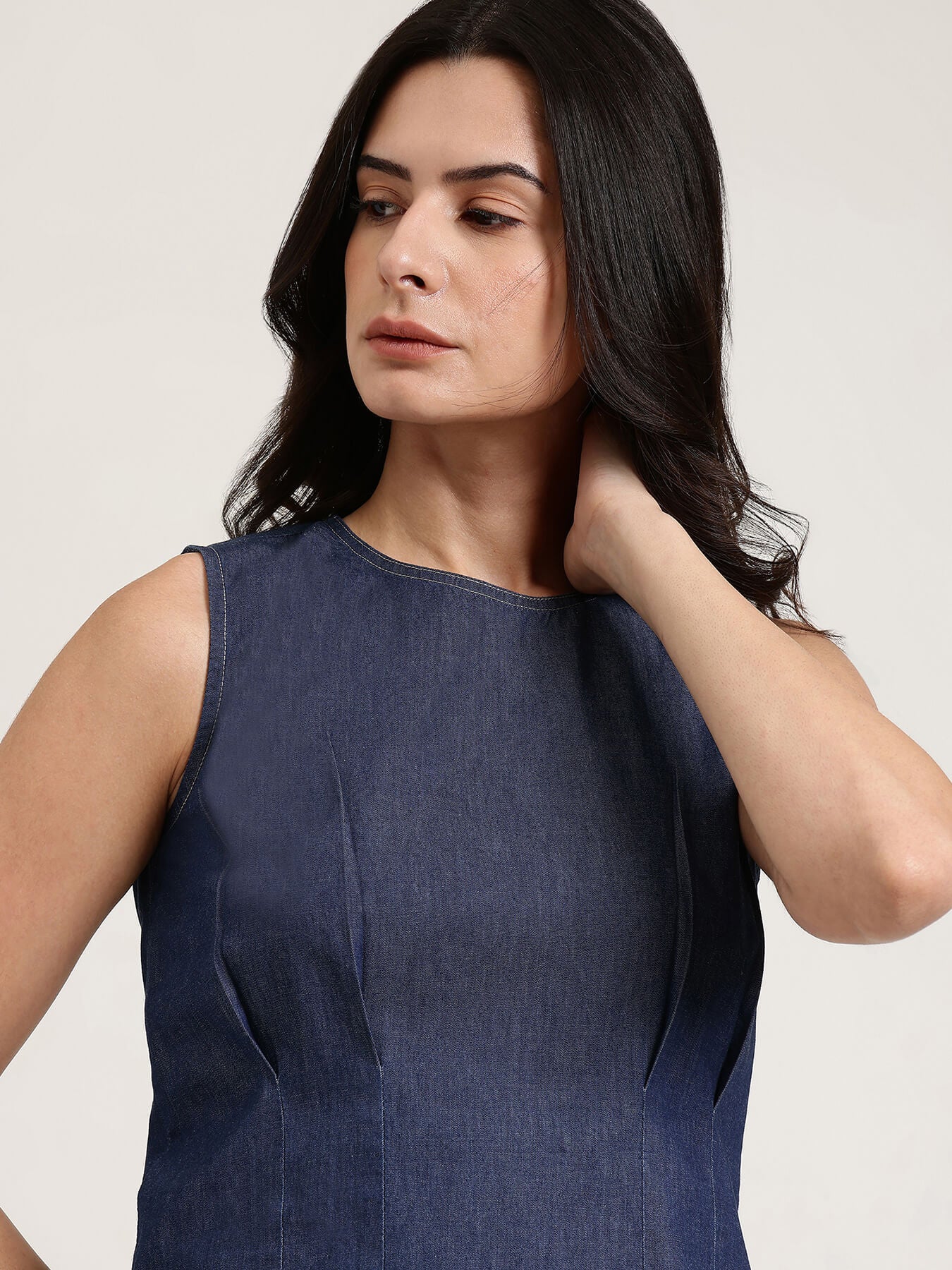 Denim Round Neck Top - Navy Blue