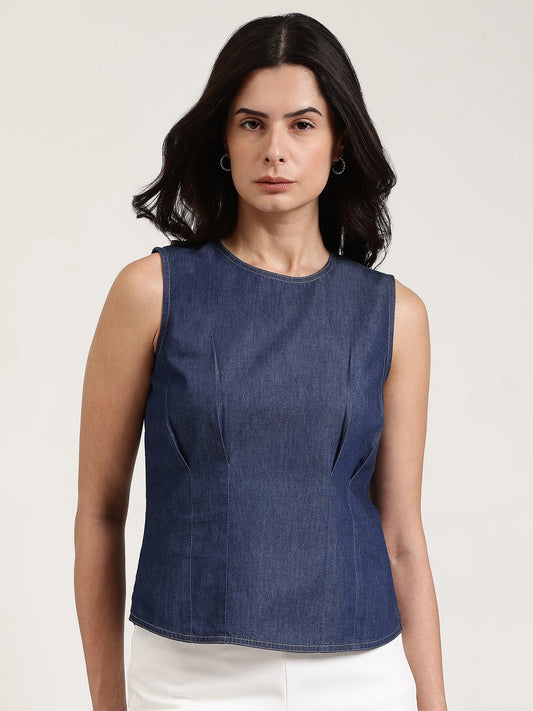 Denim Round Neck Top - Navy Blue