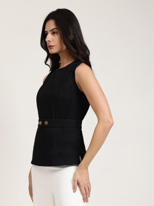 Denim Round Neck Top - Black