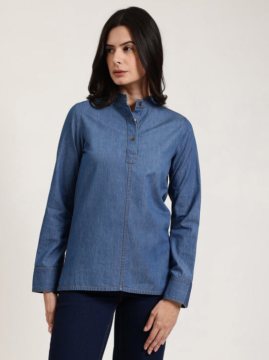 Denim Mandarin Collar Top - Blue