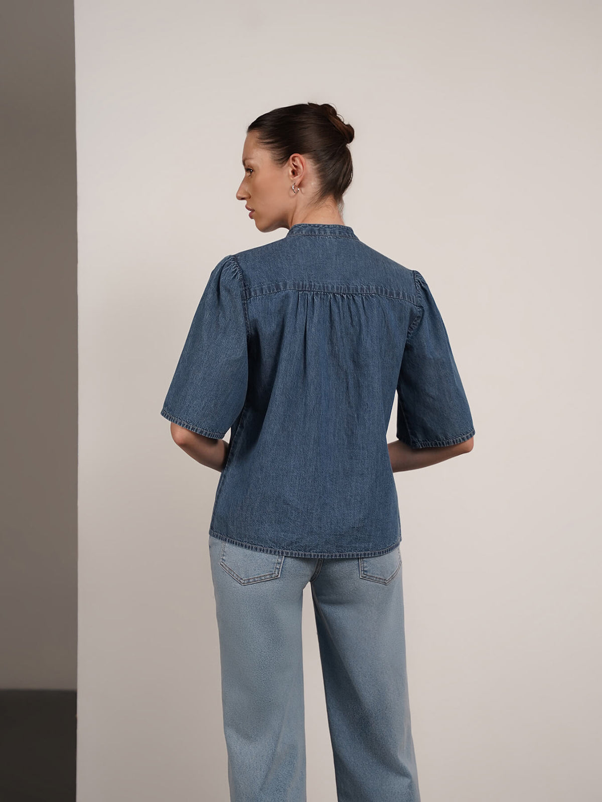 Denim Mandarin Collar Top - Blue