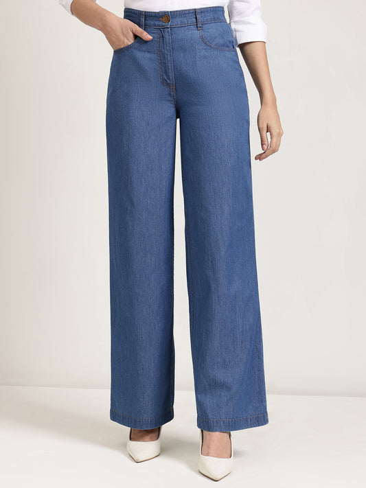 Denim Wide Leg Trousers - Medium Blue