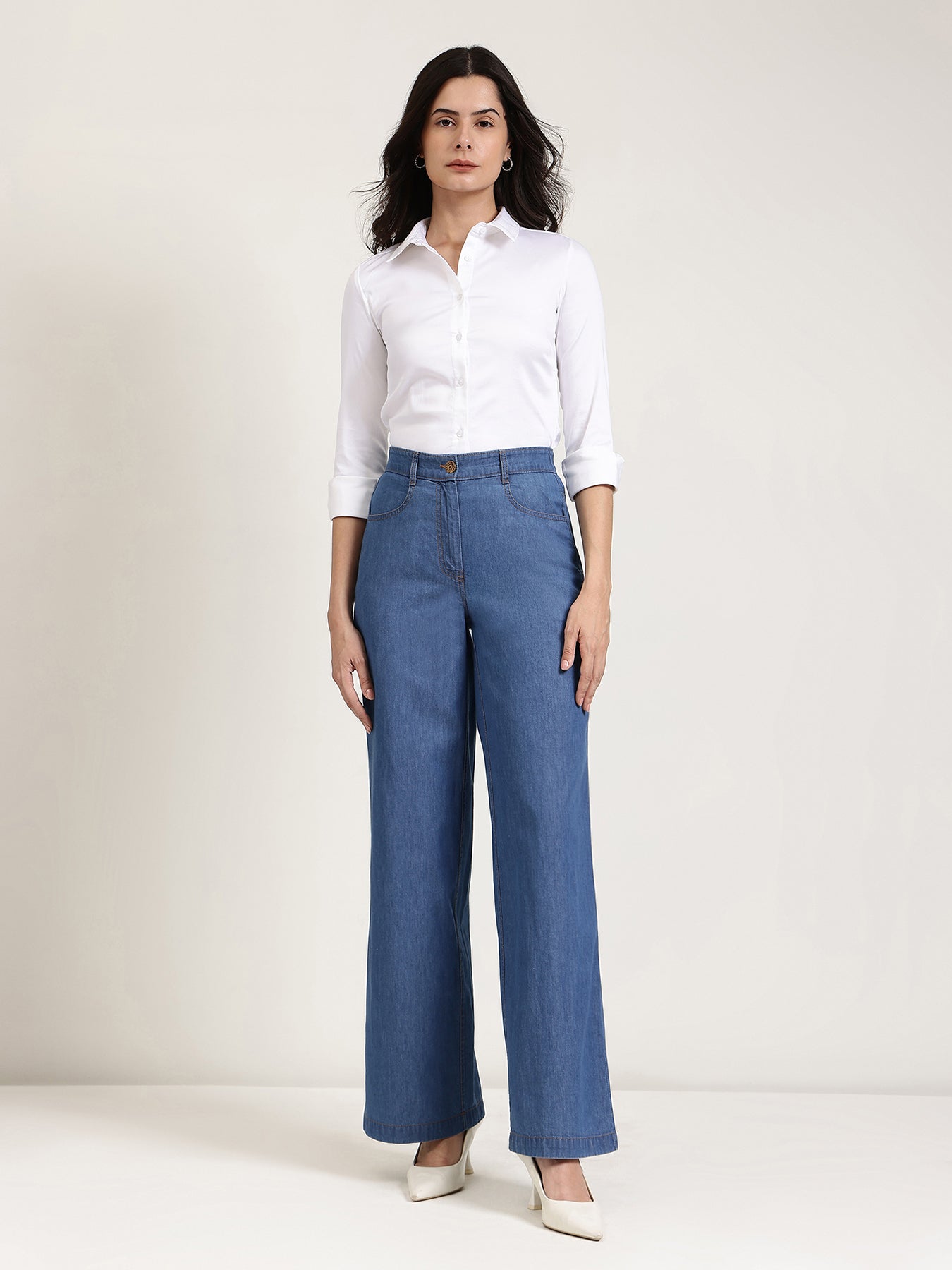 Denim Wide Leg Trousers - Medium Blue