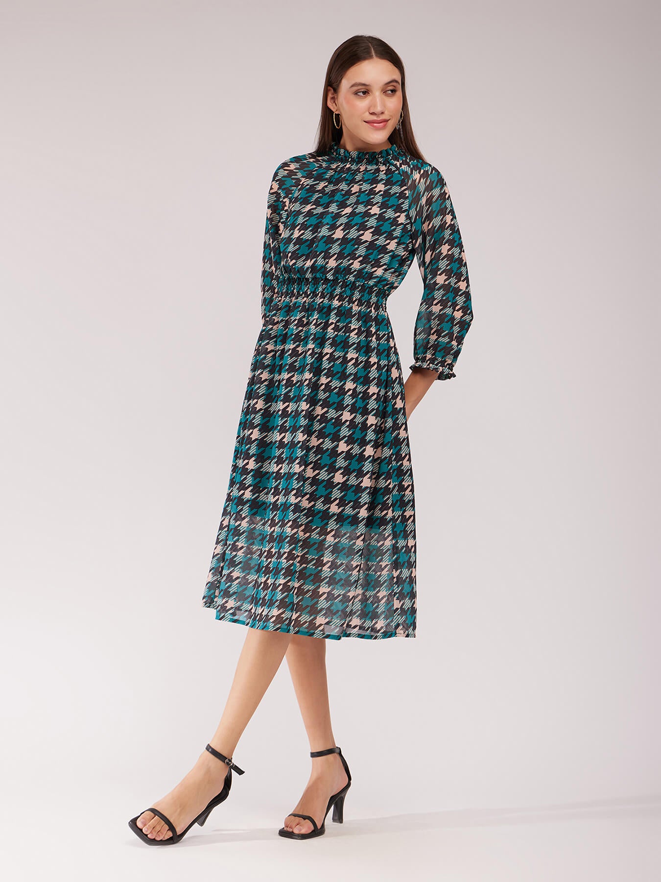 Houndstooth A-line Dress - Teal