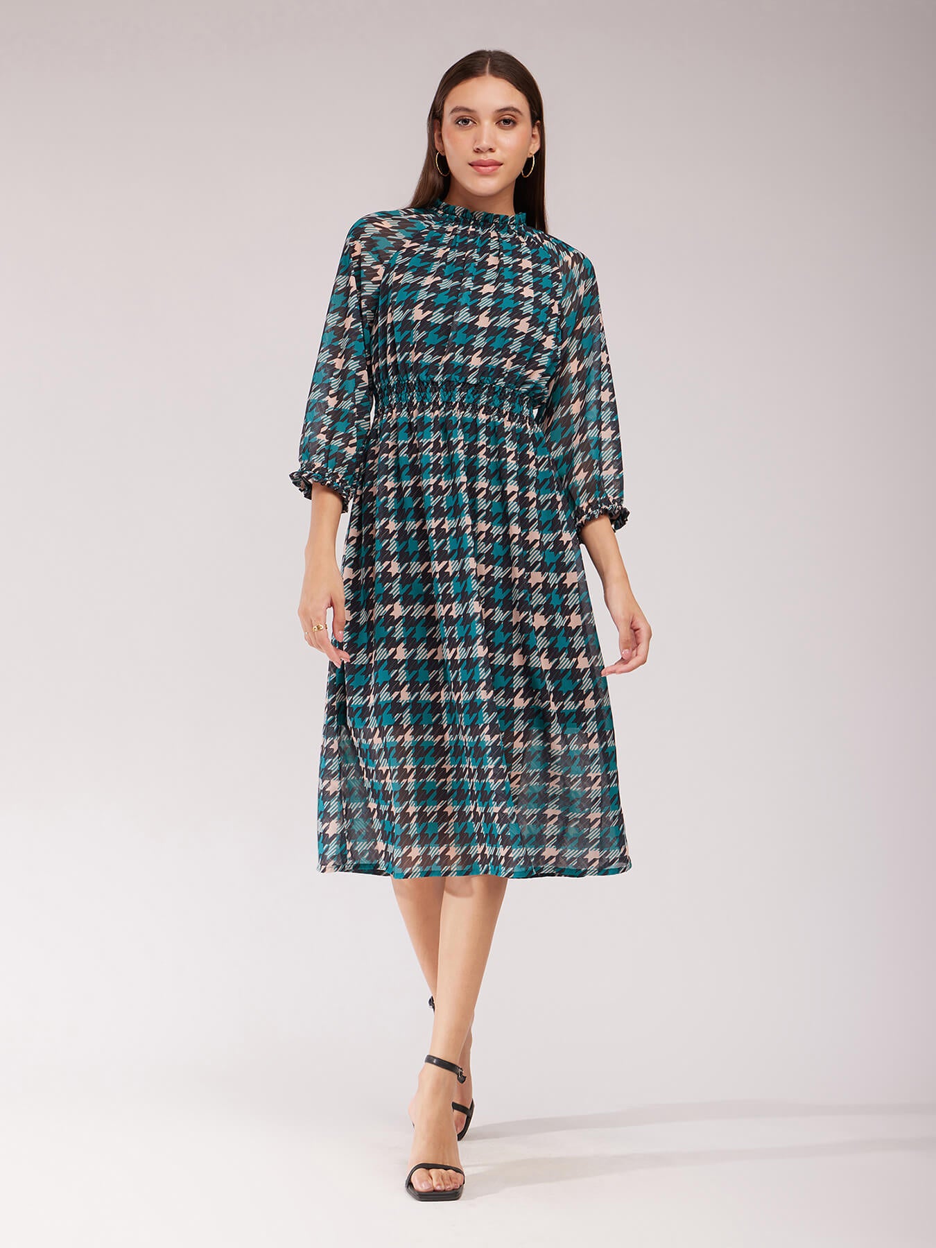 Houndstooth A-line Dress - Teal
