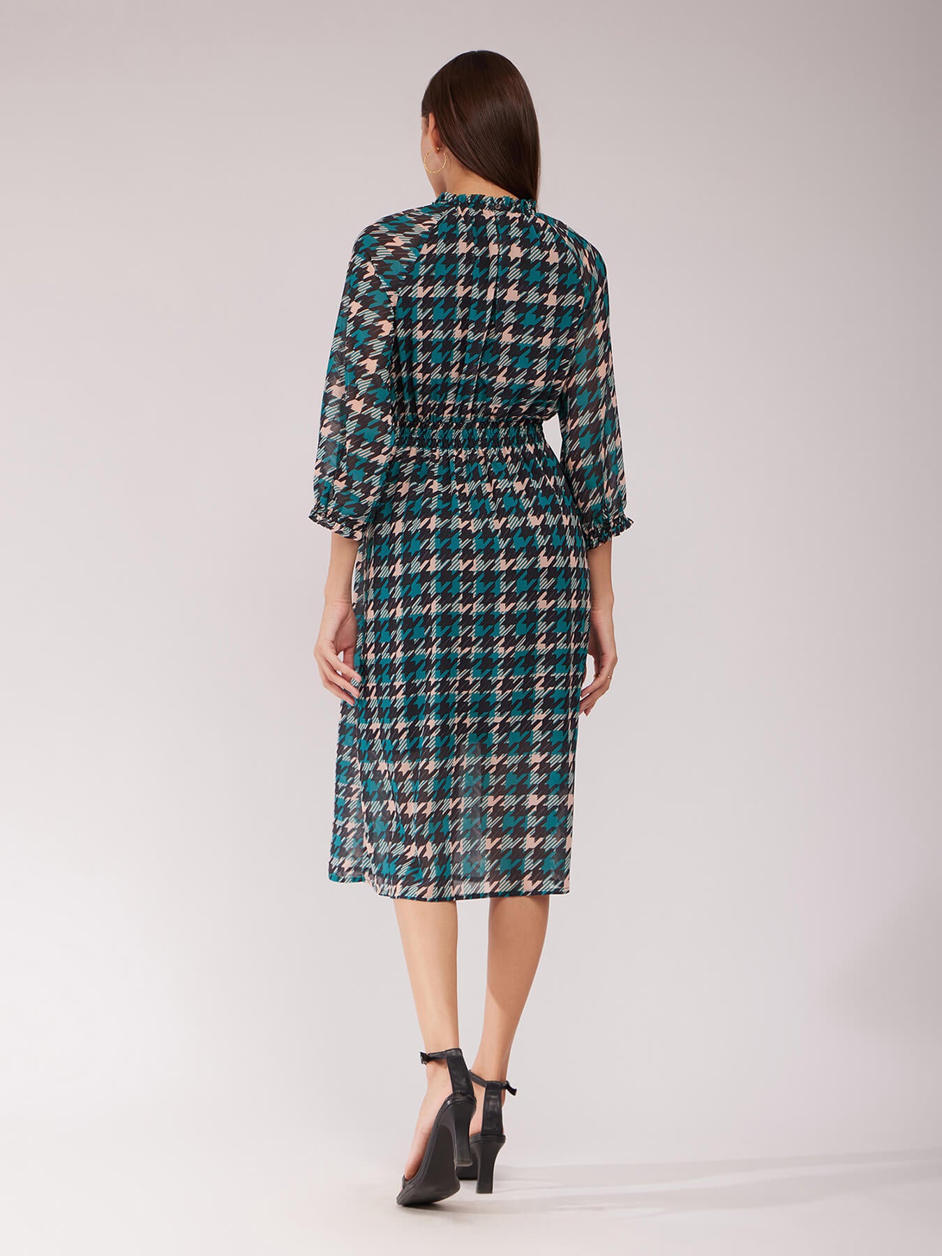 Houndstooth A-line Dress - Teal