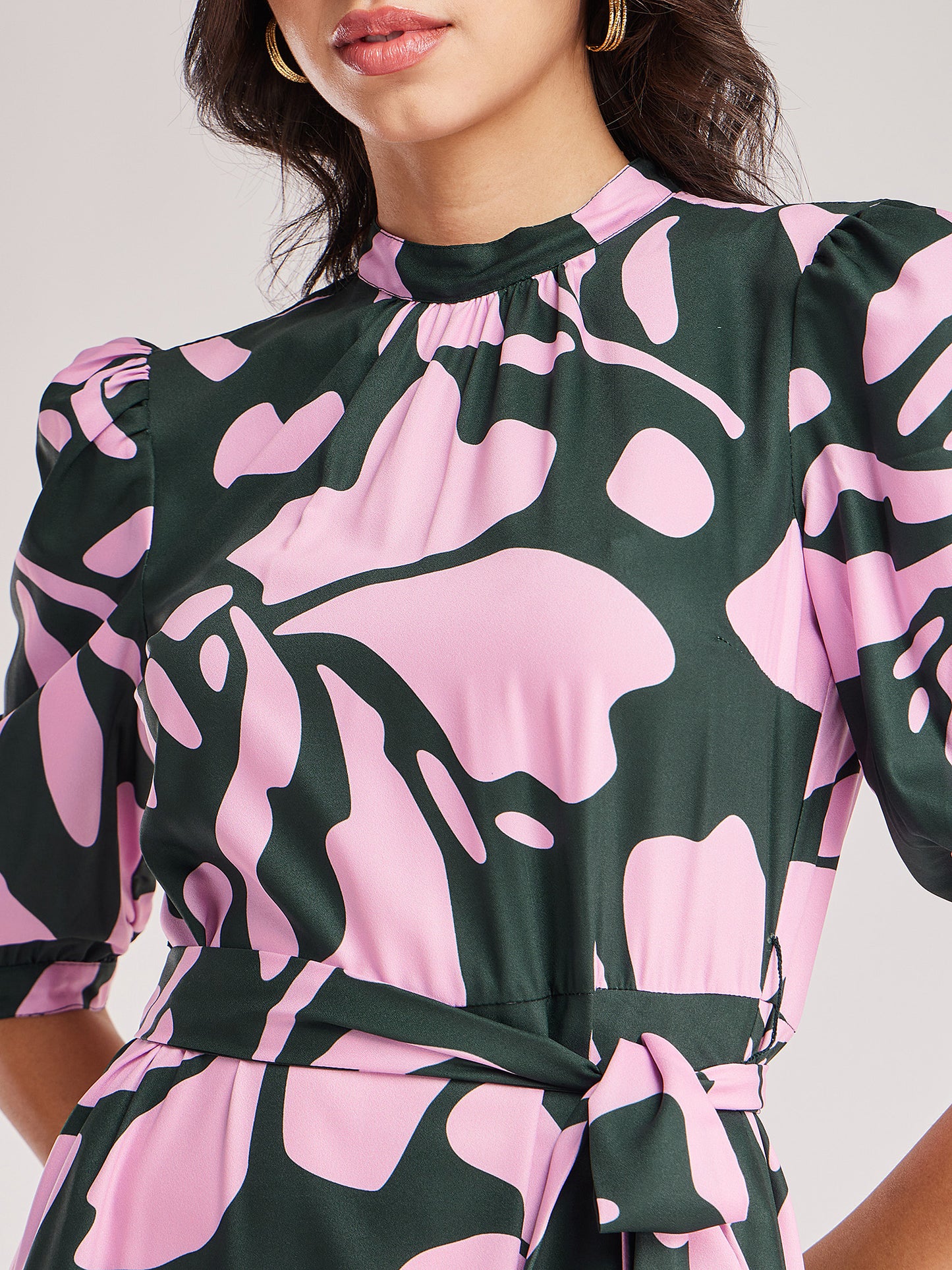 Floral Gather Detail Dress - Green And Pink