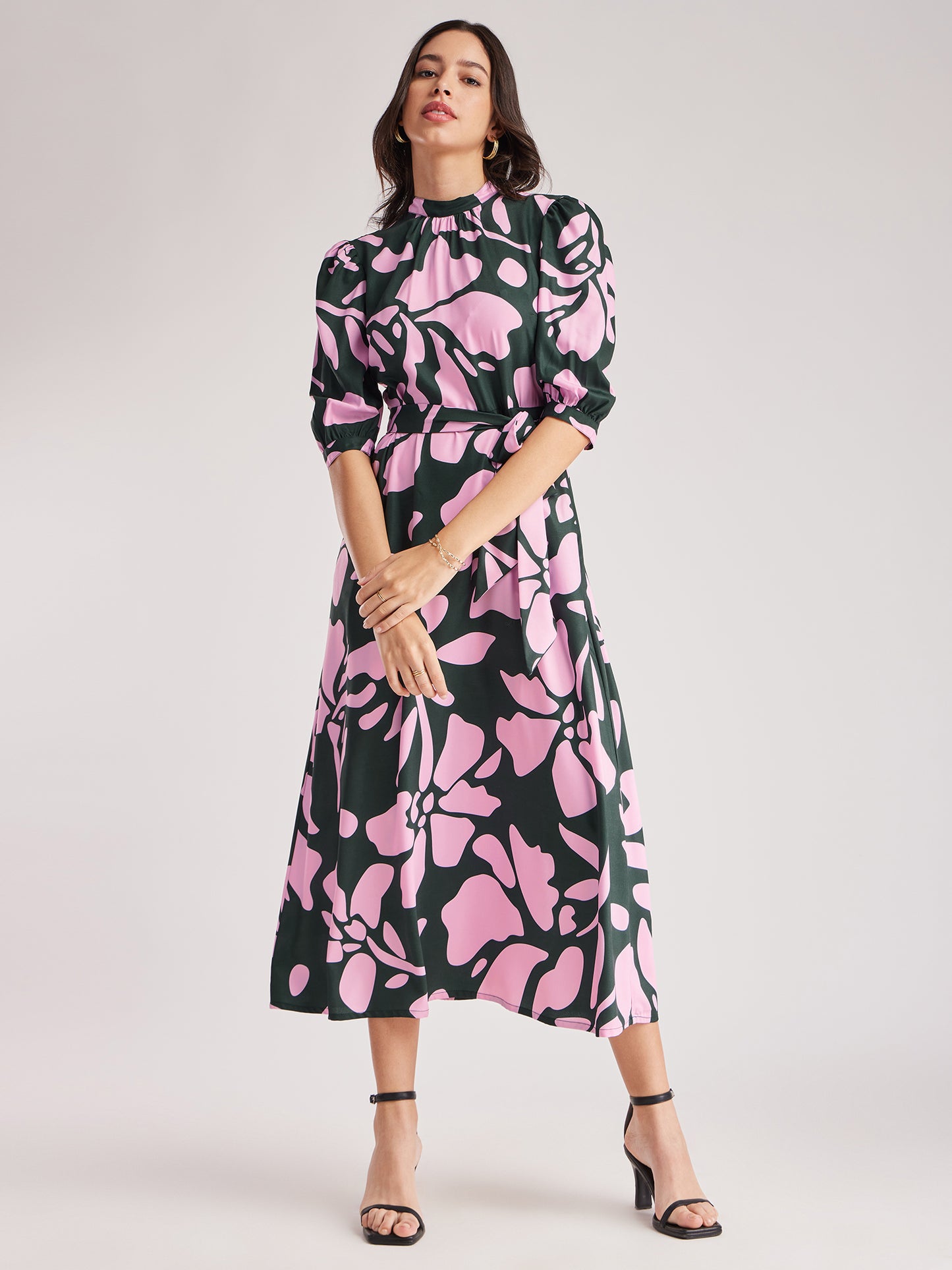 Floral Gather Detail Dress - Green And Pink