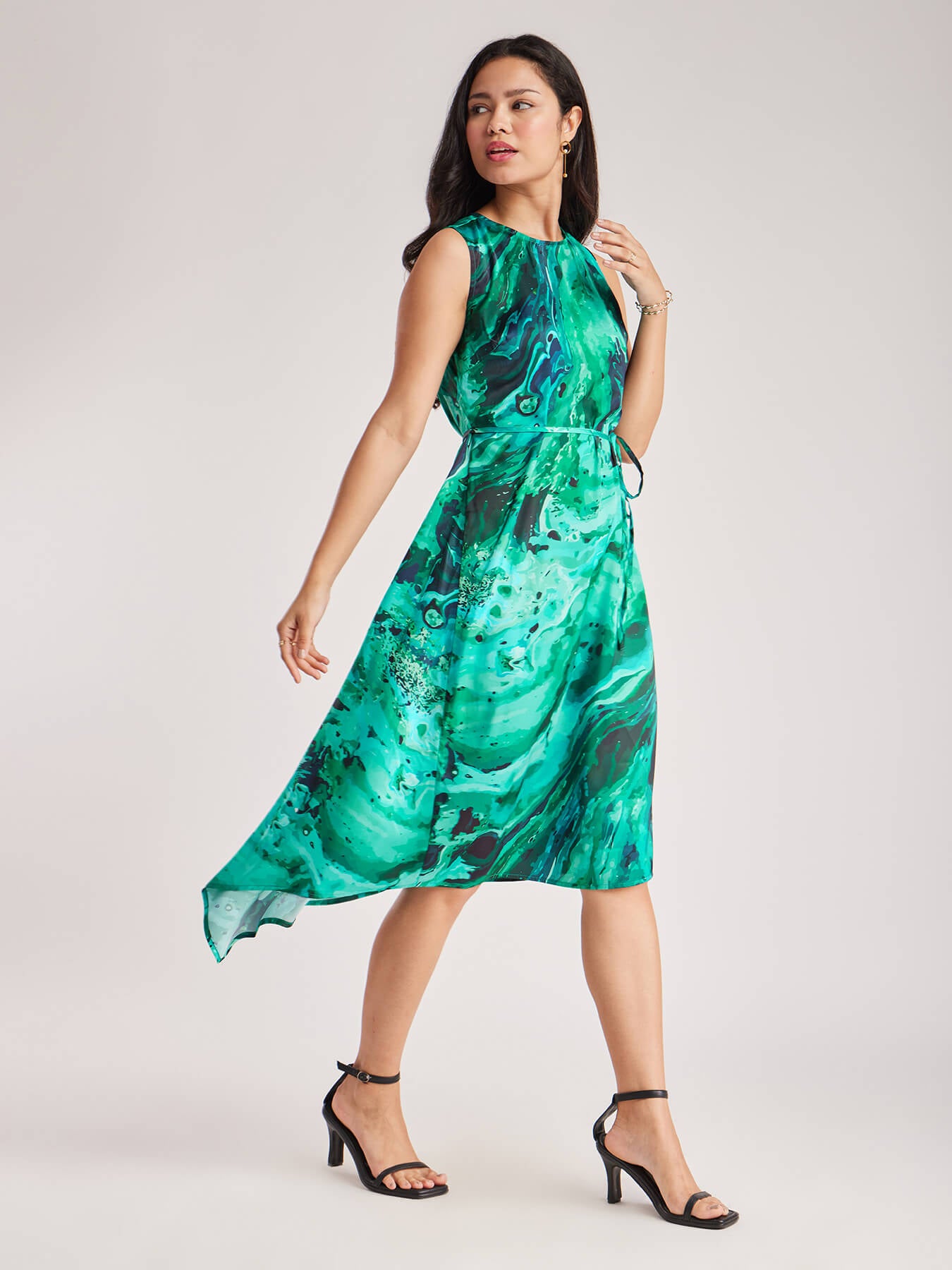 Satin Asymmetrical Sleeveless Dress - Teal