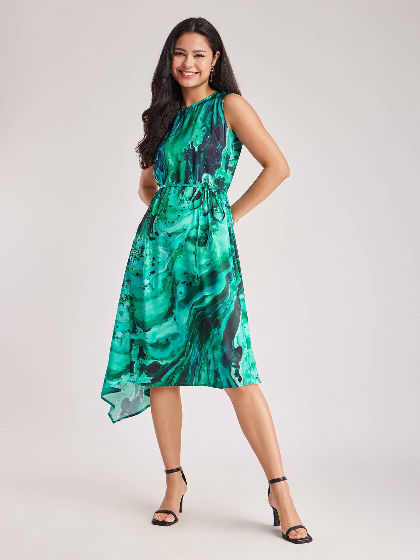 Satin Asymmetrical Sleeveless Dress - Teal