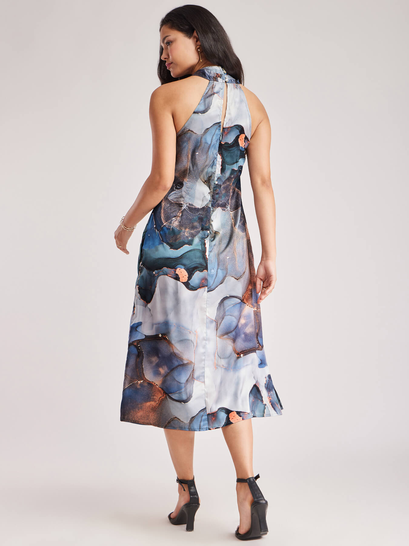 Satin Marble Print Dress - Blue