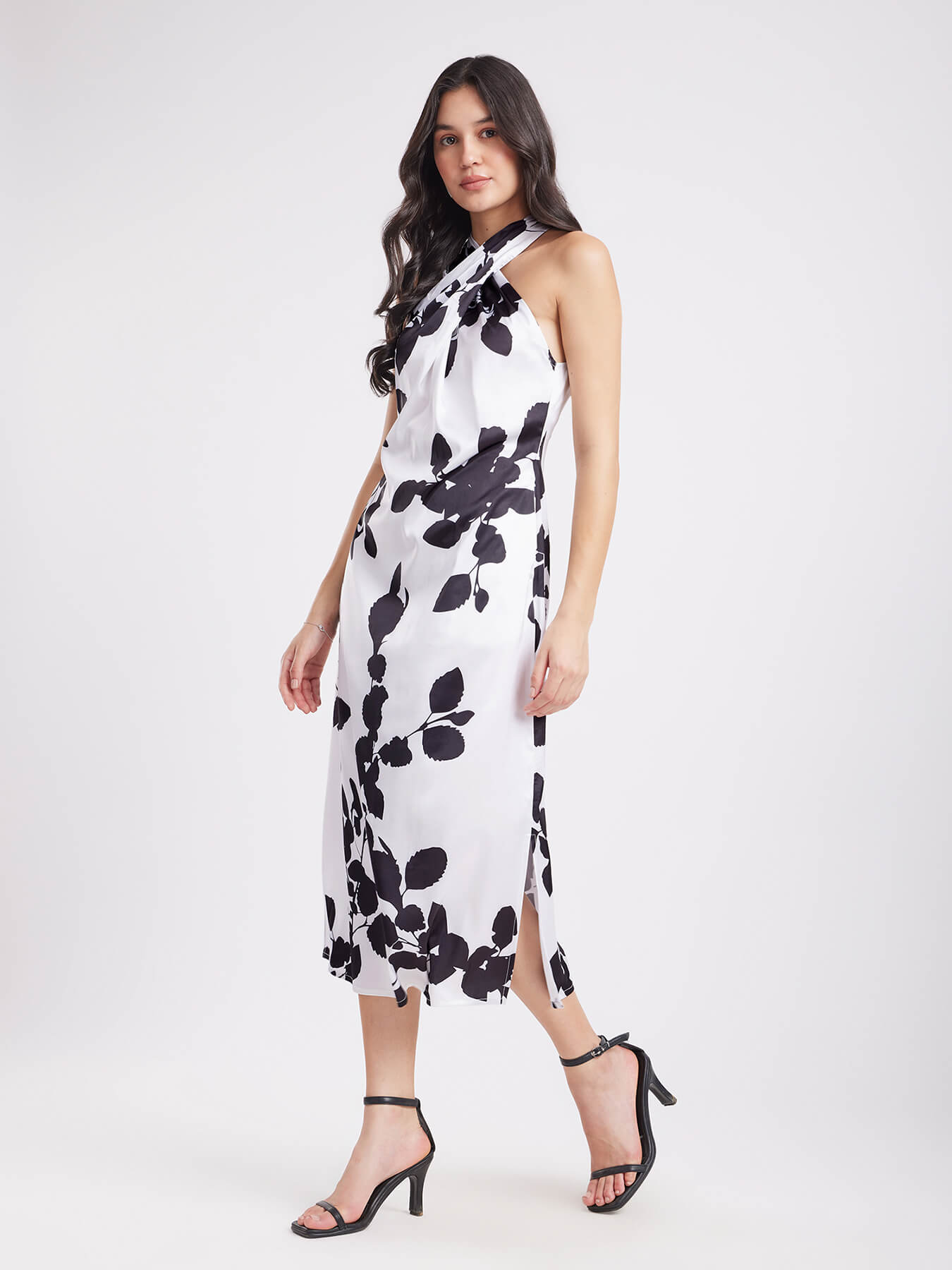 Satin Halter Neck Dress - White And Black
