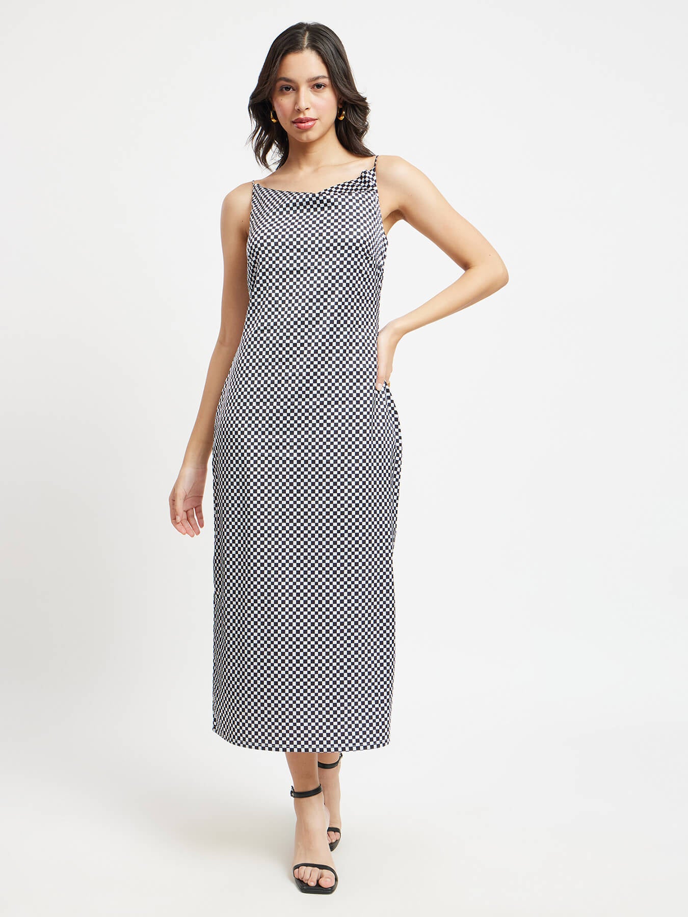 Satin Cowl Neck Slip Dress - Black And White