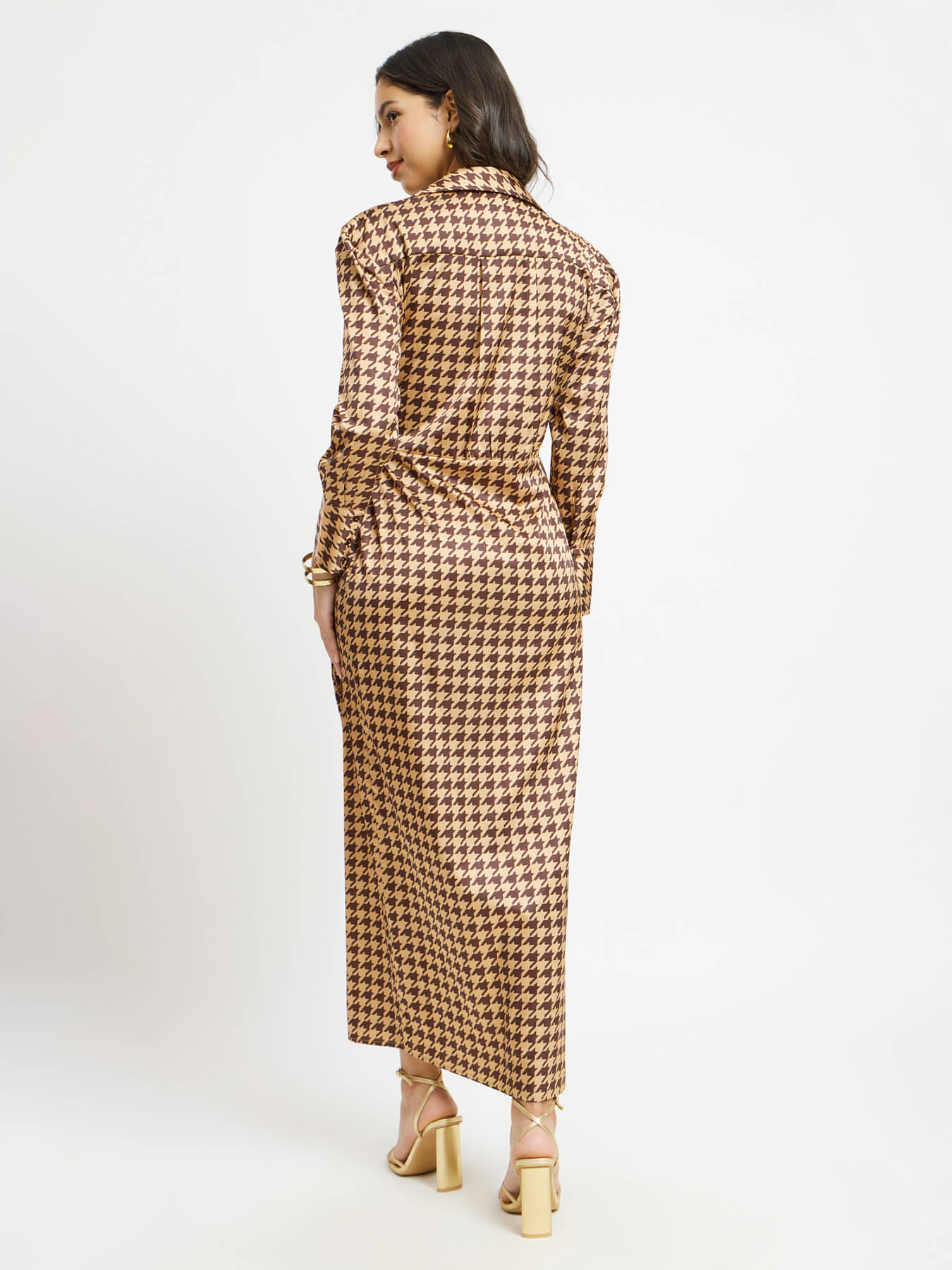 Satin Houndstooth Print Wrap Dress - Brown And Gold