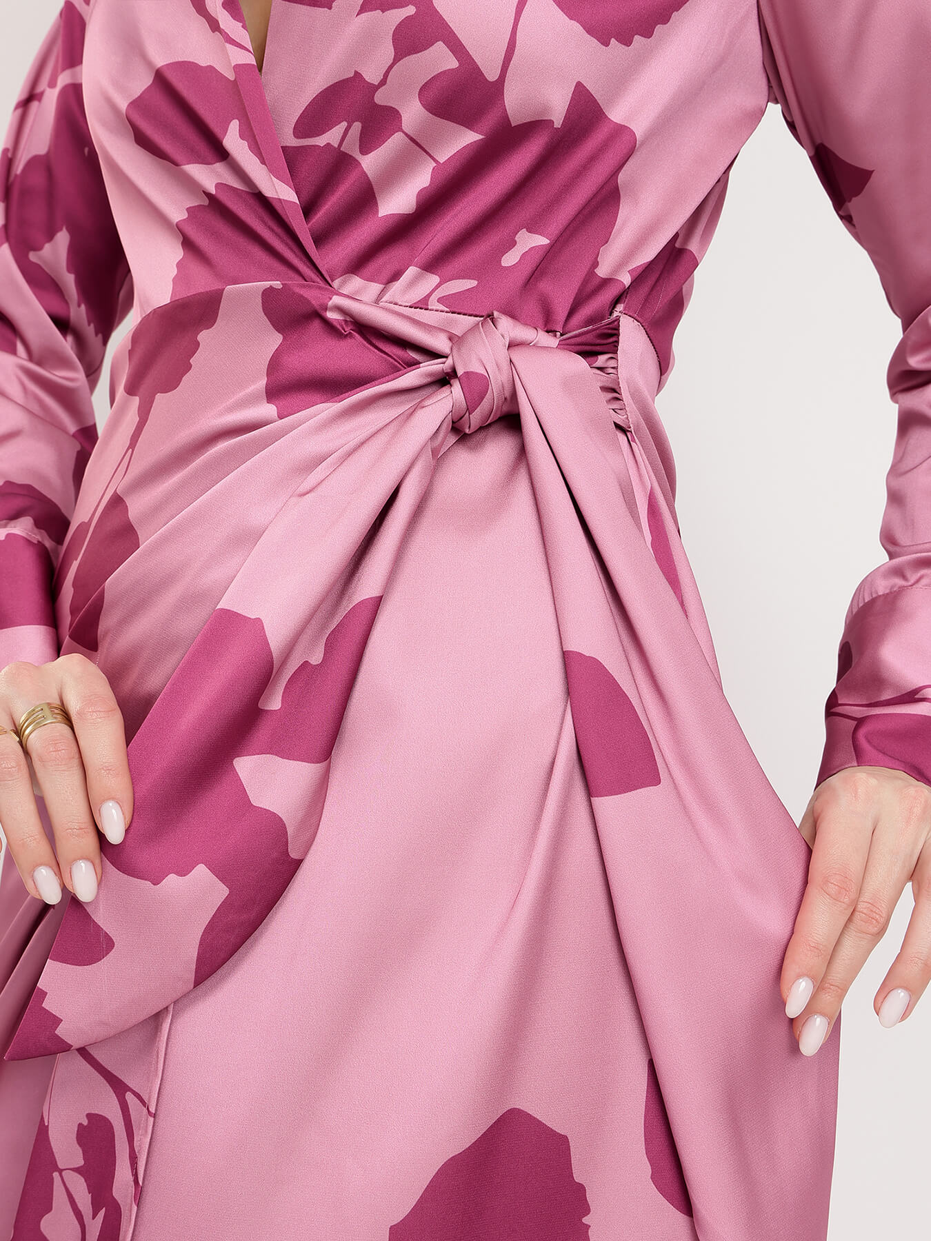 Satin Floral Print Wrap Dress - Pink