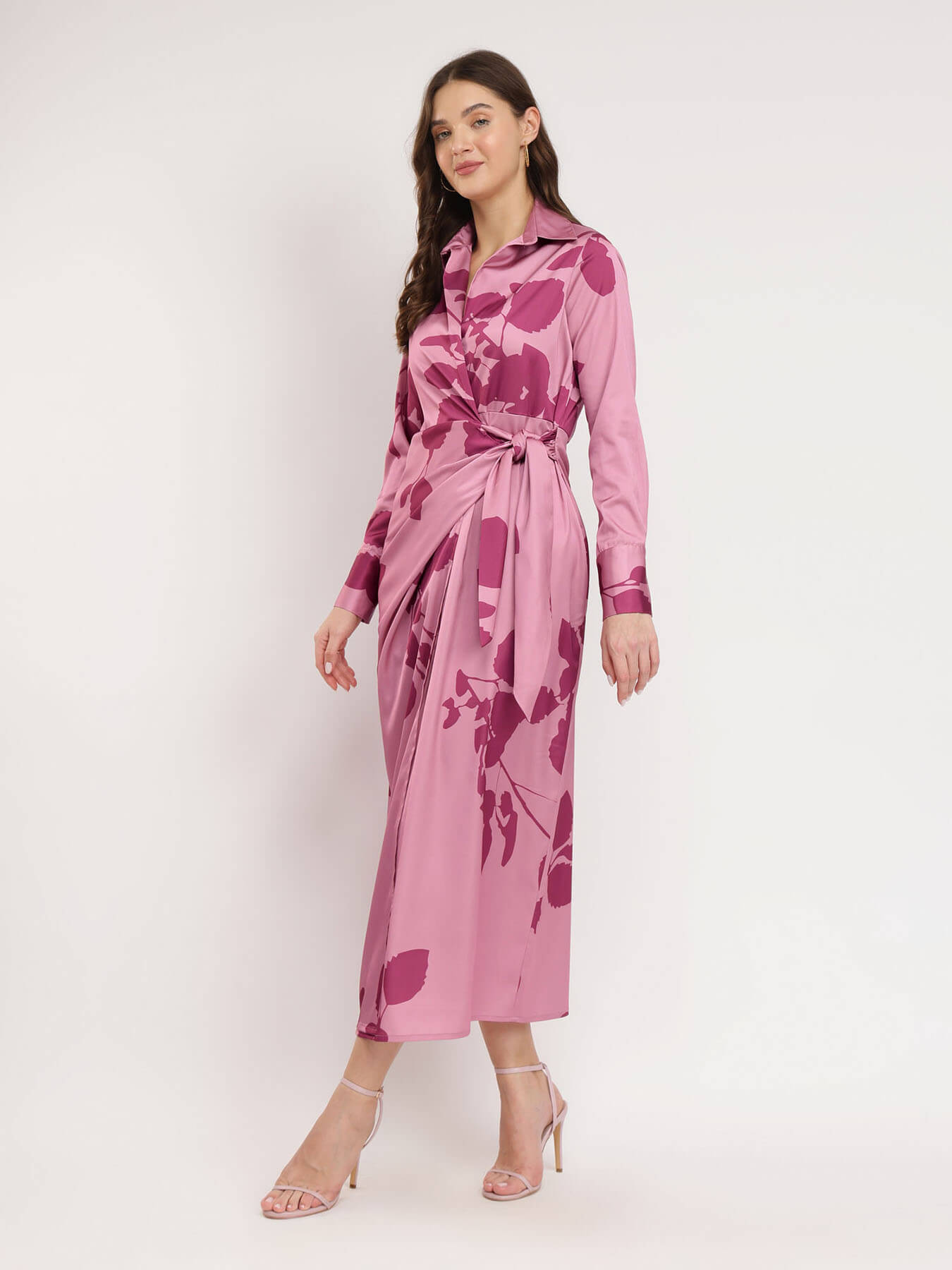 Satin Floral Print Wrap Dress - Pink
