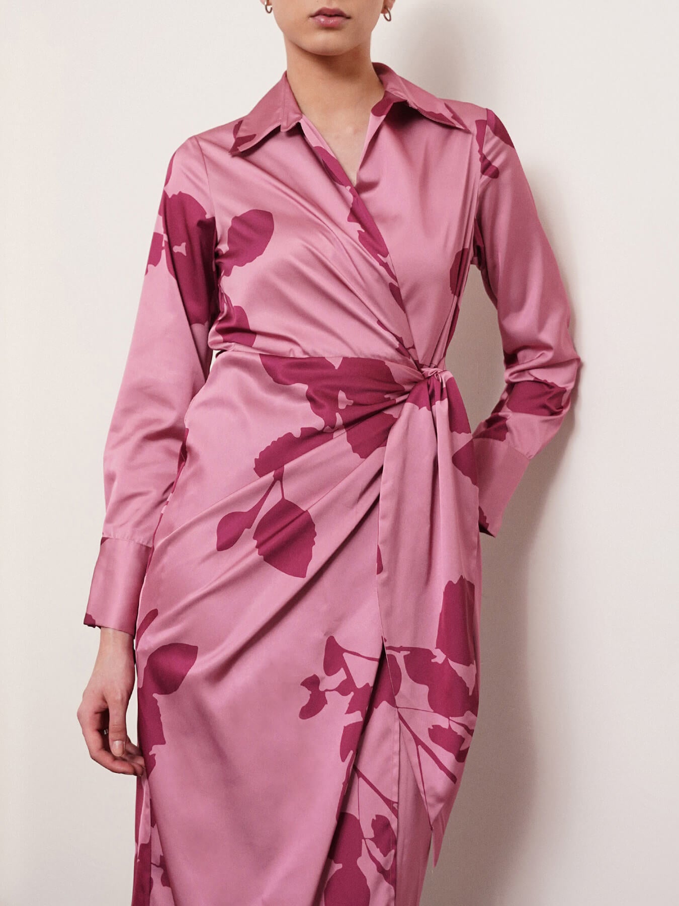 Satin Floral Print Wrap Dress - Pink