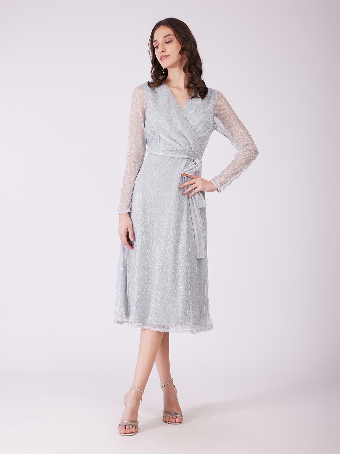 Metallic Lurex Wrap Dress - Silver