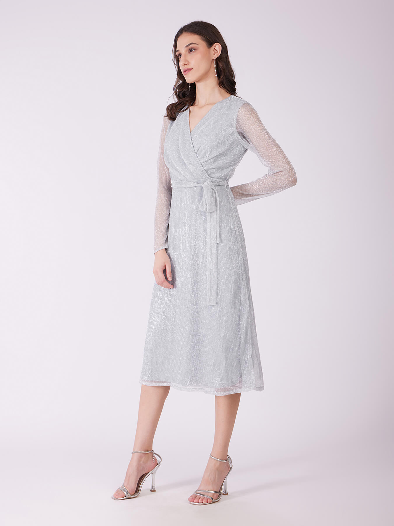Metallic Lurex Wrap Dress - Silver