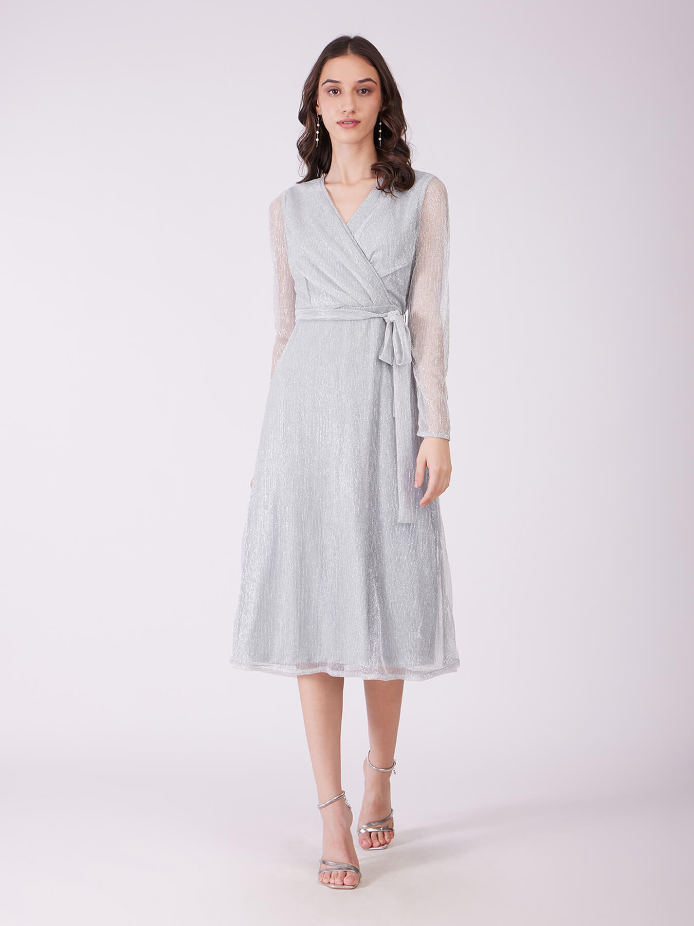 Metallic Lurex Wrap Dress - Silver