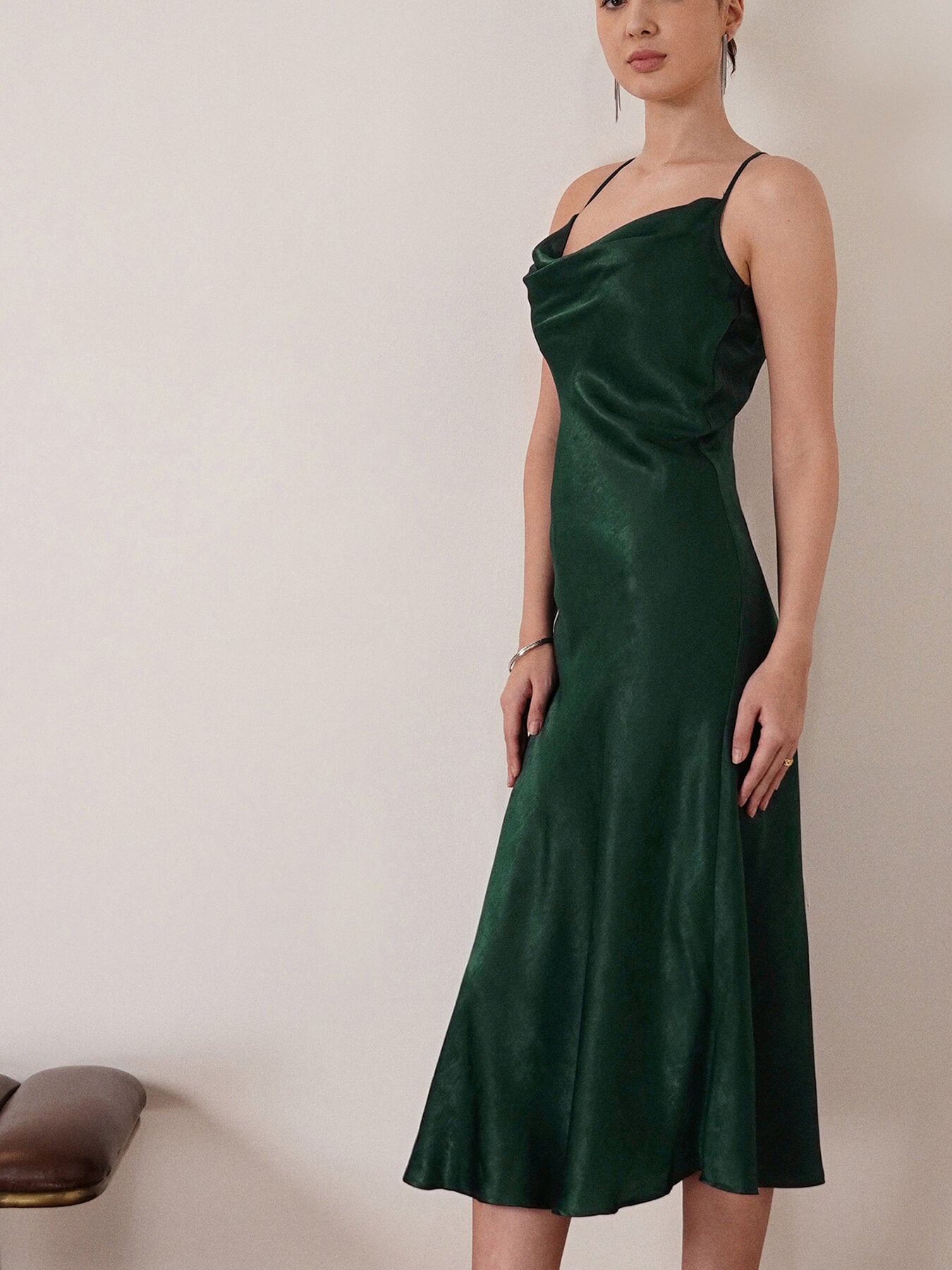 Satin Cowl Neck Slip Dress - Olive