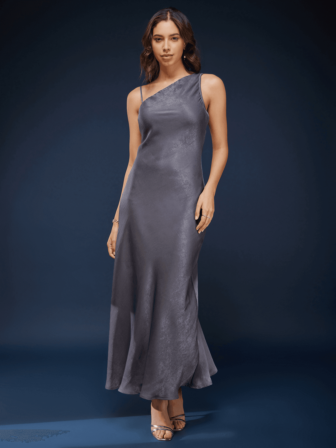 Satin One Shoulder Slip Dress - Grey