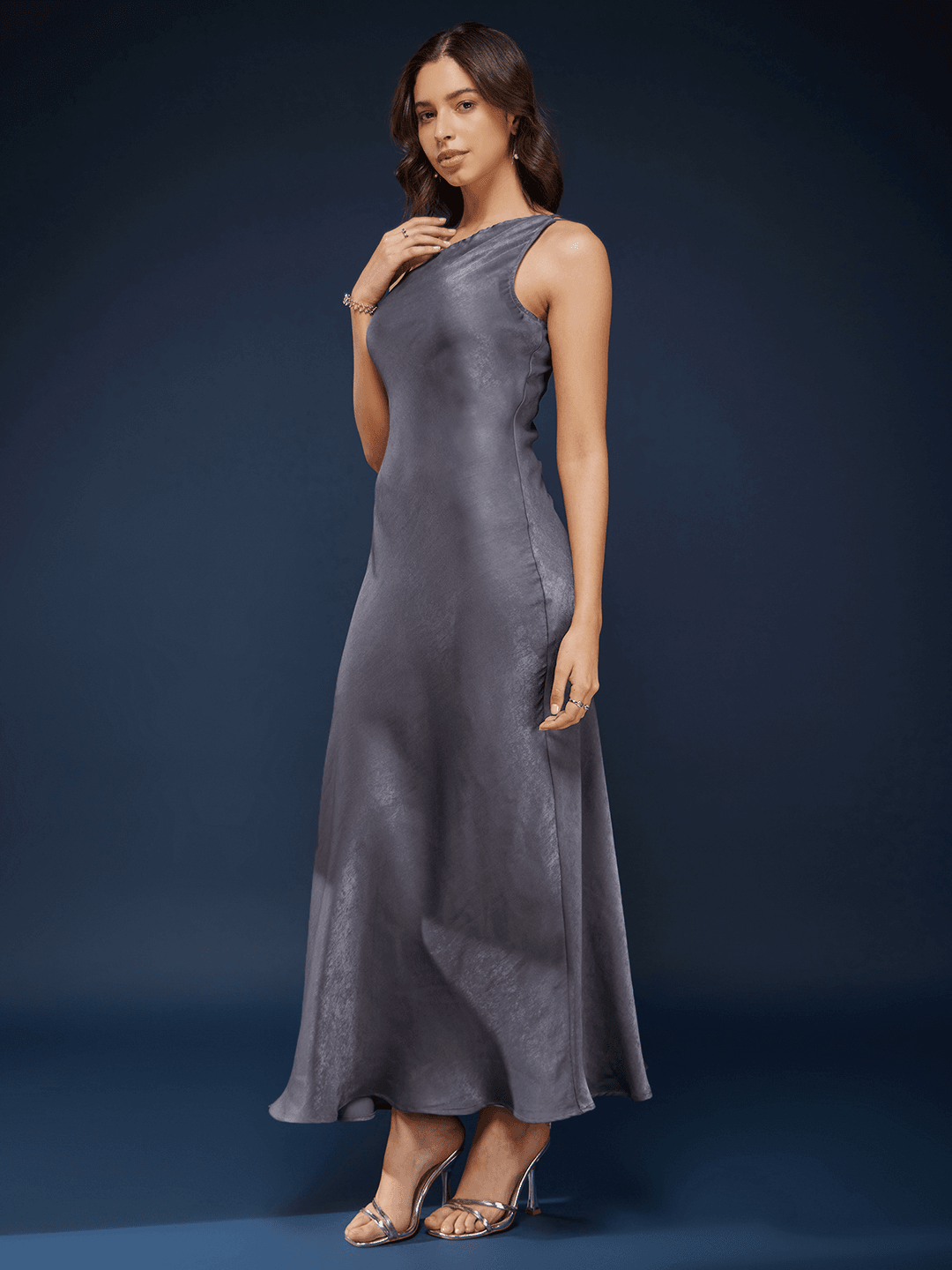 Satin One Shoulder Slip Dress - Grey
